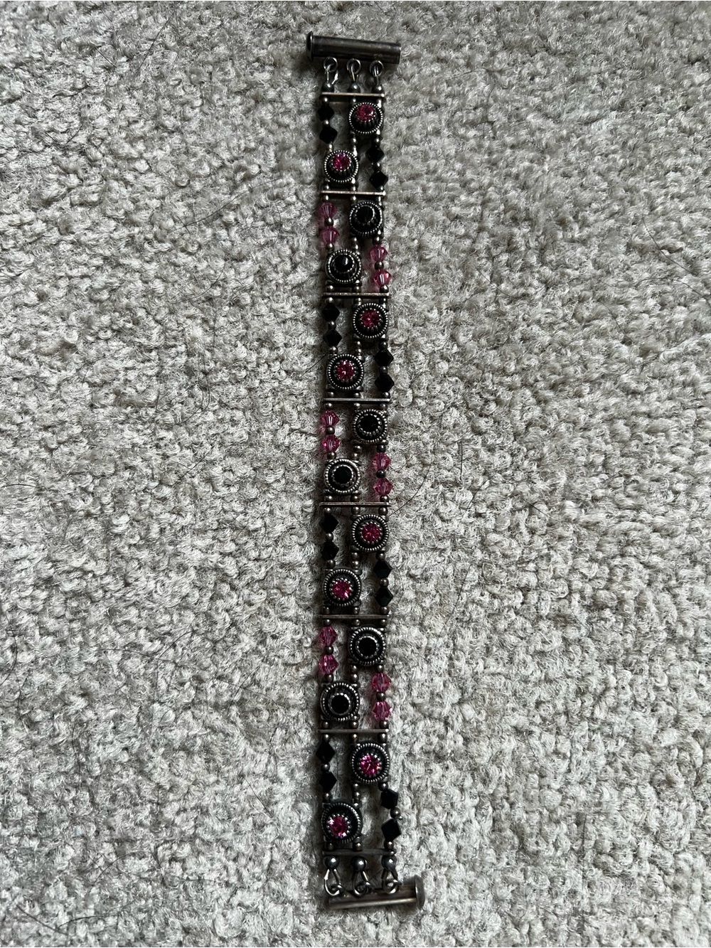 Silver-Tone Bracelet with Black and Pink Crystal Accents - NWOT